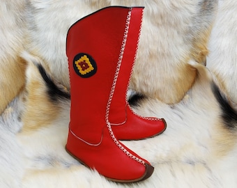 Blood Red Mongolian Boots Medieval Turkish Shoes Handmade Slip Ons Viking Nordic Slippers Roman Sandals Flats Oriental Women Men Christmas