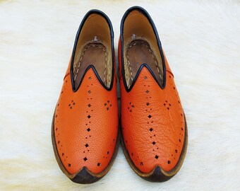 Orange Perforierte Schuhe Boho Slip On Türkische Hausschuhe Leder Loafers Wohnungen Mokassins Herren Damen Jemen Vintage Geschenk