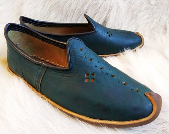 Forest Green Perforated Unique Shoes Turkish Leather Slip Ons Handmade Slippers Flats Moccasin Men's Women's Yemeni Christmas Gift