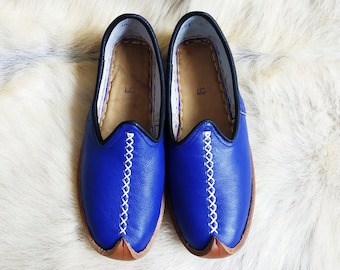 Mamelucken Blaue türkische Schuhe Historische Slip Ons Leder Loafers Hausschuhe Wohnungen Mokassins Herren Damen jemenitischen Vintage Geschenk Rabatt