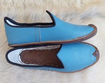 Light Blue Turkish Handmade Shoes Leather Women Flats Medieval Slippers Men Sandals Ankle Boots Barefoot House Slippers Christmas Gifts