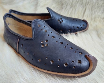 Handmade Turkish Leather Yemeni Shoes: Black Slip On Loafer Flats