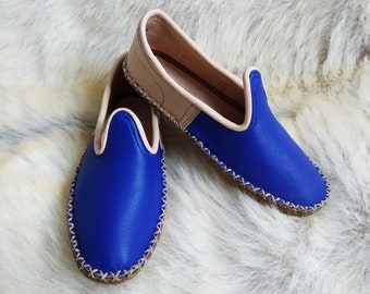 Summer Blue Slip Ons Turkish Shoes Leather Loafer Slippers Flats Moccasins Men's Women's Yemeni Vintage Gift Discount