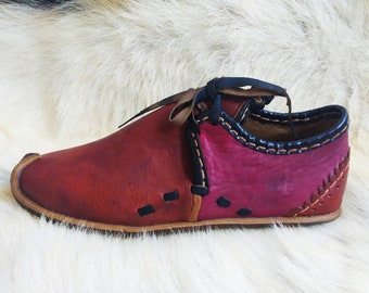 Brown Red Hand Dyed Medieval Shoes Leather Turkish Slip Ons Handmade Loafer Slippers Flats Moccasins Men Women Yemeni Vintage