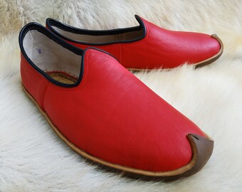 Blood Red Medieval Handmade Shoes Turkish Slip Ons Slippers Loafer Medieval Flats Bohemian Moccasins Men's Women's Yemeni Christmas