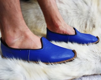 Asiatische Blaue Türkische Schuhe Mittelalterliche Slip-Ons Leder Hausschuhe Handgefertigte Loafer Wohnungen Boho Mokassins Herren Damen Jemen Weihnachten