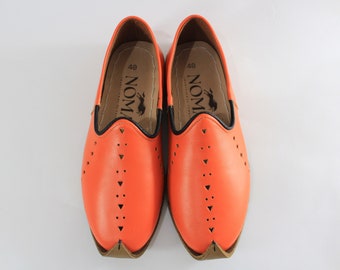 Hippie Style Orange Shoes Turkish Leather Slip Ons Medieval House Slippers Flat Moccasin Mens Women's Yemeni Anatolian Vintage Gift Discount