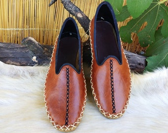 Unique Brown Turkish Shoes Leather Slip Ons Handmade Loafer Slippers Flats Moccasins Men's Women's Yemeni Vintage Pregnant Gift