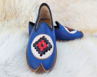 Mediterranean Blue Turkish Embroidered Shoes Handmade Slip Ons Slippers Loafer Medieval Bohemian Moccasins Men's Women's Yemeni Christmas