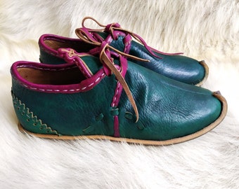 Medieval Calfskin Shoes Green Leather Turkish Slip Ons Handmade Loafer Slippers Flats Moccasins Men's Women's Yemeni Vintage Gifts