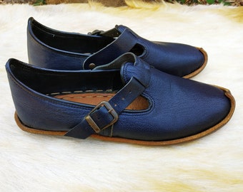 Seljuk Navy Blue Slip Ons Turkish Shoes Leather Loafers Slippers Flats Moccasins Men's Women's Yemeni Anatolian Vintage Gift Discount