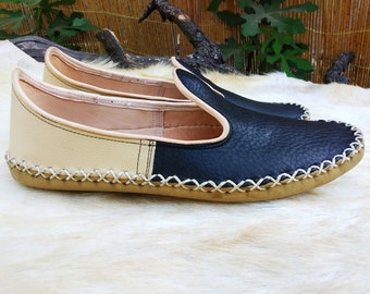Blue Beige Slip Ons Turkish Shoes Leather Loafer Slippers Flats Moccasins Men's Women's Yemeni Vintage Gift Discount