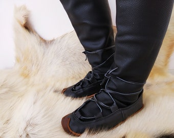 Sandalias medievales y calcetines de cuero hasta la rodilla, zapatos turcos de guerrero, zapatillas vikingas sin cordones, zapatillas romanas marroquíes, zapatos planos para mujer