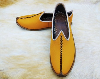 Vintage Yellow Turkish Slip Ons Leather Shoes Slippers Moccasisns Loafers Ballets Men's Women's Gifts