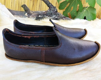 Giovanni Dark Brown Medieval Shoes Turkish Slip Ons Leather Men Flats Women Slippers Yemeni Vintage Gift Discount