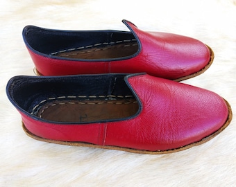 Unique Red Color Slip Ons Turkish Shoes Leather Loafer Slippers Flats Moccasins Men's Women's Yemeni Vintage Gift Discount