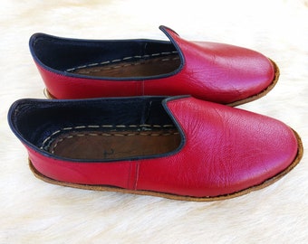Mocasines turcos de cuero, únicos, de color rojo, sin cordones, planos, para hombre y mujer, regalo vintage yemení con descuento.