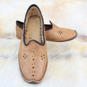 Pu&ograve; includere: Un paio di scarpe marroni in pelle da infilare con tagli decorativi e bordi neri. Le scarpe hanno una punta a punta e una suola piatta.