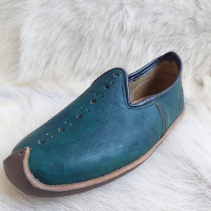 May include: A teal blue leather slipper with a pointed toe and a brown leather trim. The slipper has a decorative pattern of small holes.