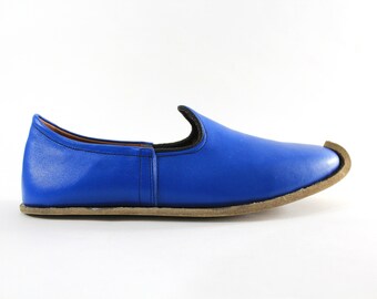 Mongolian Blue Leather Turkish Shoes Personalized Slip Ons Women Slippers Men Earthing Flats Barefoot Medieval Christmas Gifts