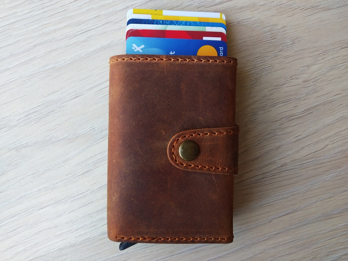 Brown Leather Pop Up Wallets Mens Mechanichal Slim Card Holder Etsy