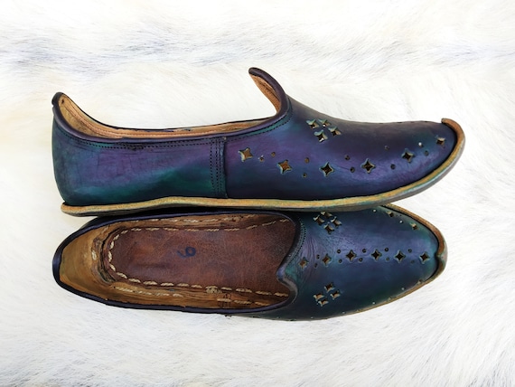 Traditional Hand Dyed Green Leather Slip Ons Turkish Shoes Handmade Loafer Slippers Flats Moccasins Men's Women's Yemeni Vintage Gift