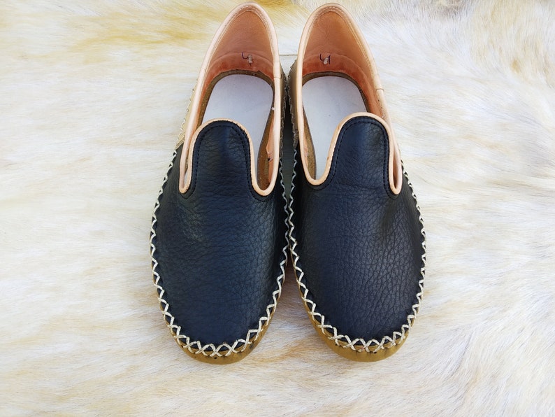 Blue Beige Slip Ons Turkish Shoes Leather Loafer Slippers Flats Moccasins Men's Women's Yemeni Vintage Gift Discount image 3