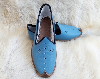 Unique Light Blue Leather Shoes Handmade Women Slip Ons Turkish Flats Medieval Slippers Men Sandals Ankle Boots Barefoot House Slippers