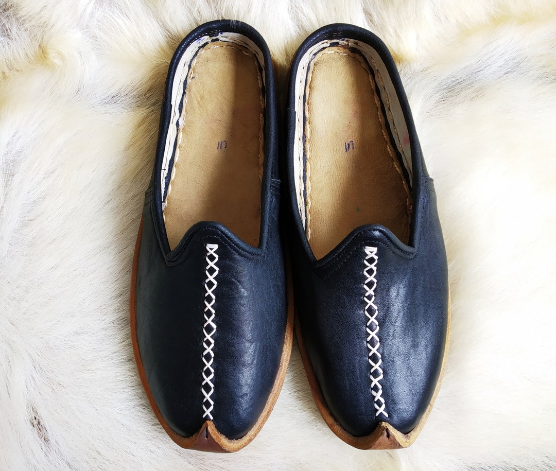 Black Leather House Slippers Women Shoes Handmade Men Slip Ons Etsy