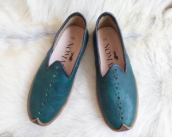 Ancient Green Turkish Steppe Traditional Shoes Leather Slip Ons Handmade Loafer Slippers Flats Moccasins Men Women Yemeni Vintage Gift