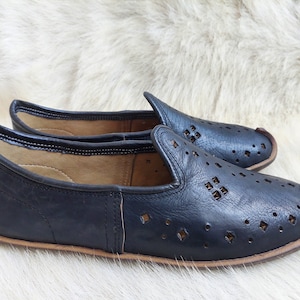 Hand Painted Black Leather Nomad Shoes - Handmade Slip Ons - Summer Slippers