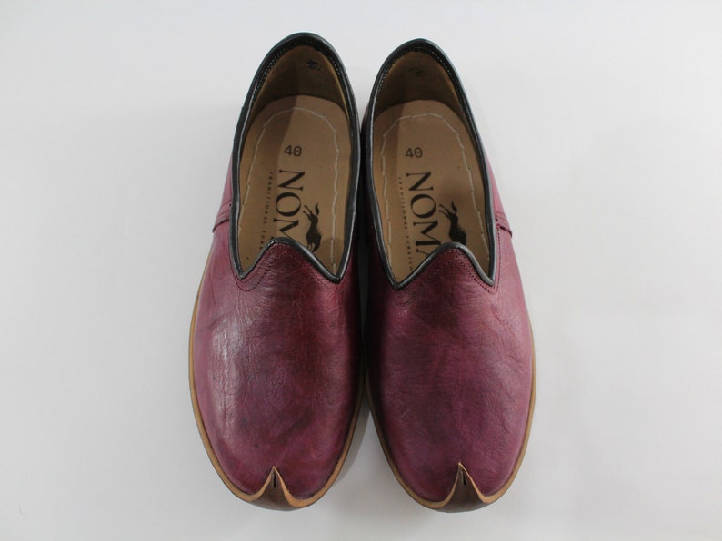 Unique Madder Burgundy Women Leather Shoes Men Slip Ons Handmade House SLippers Medieval Viking Boots Christmas Gifts for Her Him