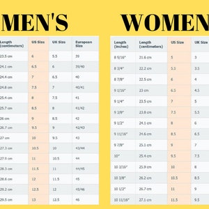 May include: A chart comparing shoe sizes in US, UK, and European sizes for men and women. The chart lists shoe length in inches and centimeters, along with the corresponding size in each system.