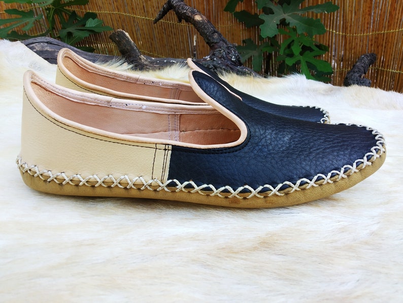 Blue Beige Slip Ons Turkish Shoes Leather Loafer Slippers Flats Moccasins Men's Women's Yemeni Vintage Gift Discount image 1