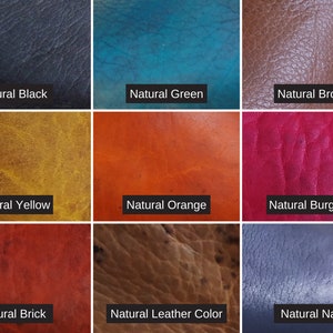 May include: Nine leather swatches in different colors, including black, green, brown, yellow, orange, burgundy, brick, leather color, and navy.