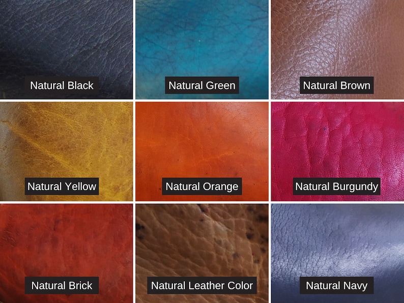 May include: Nine leather swatches in different colors, including black, green, brown, yellow, orange, burgundy, brick, leather color, and navy.