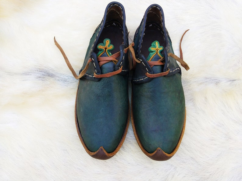 Medieval Ottoman Shoes Green Leather Turkish Slip Ons Handmade Etsy