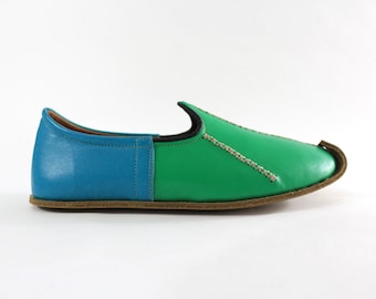 Green - Light Blue Shoes Handmade Leather Slip Ons Men House Slippers Women Flats Barefoot Christmas Black Friday