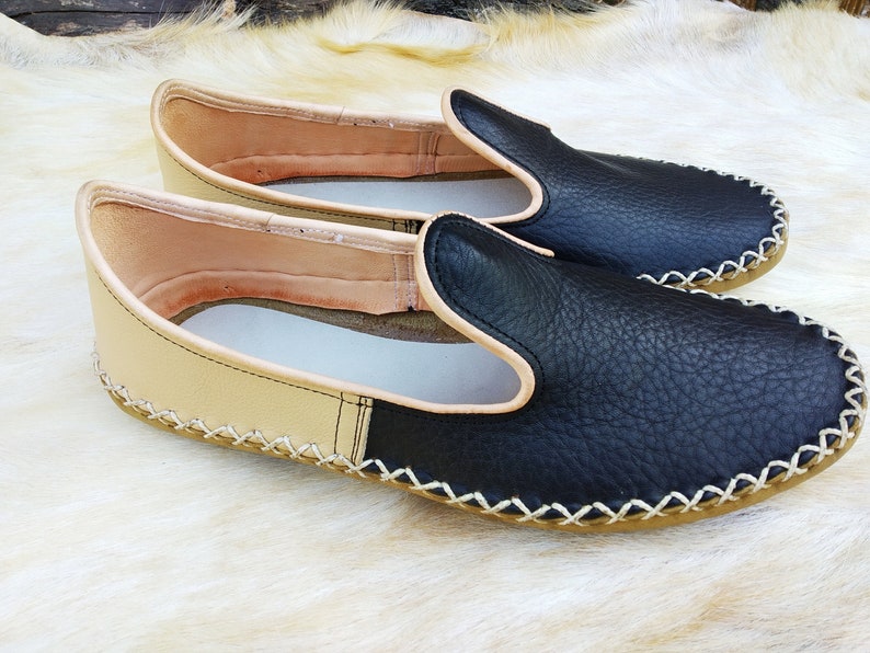 Blue Beige Slip Ons Turkish Shoes Leather Loafer Slippers Flats Moccasins Men's Women's Yemeni Vintage Gift Discount image 5