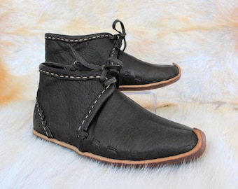 Black Leather Historical Ankle Boots | Handmade Medieval Turnshoe Style