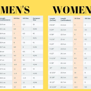 May include: A chart comparing shoe sizes in US, UK, and European sizes for men and women. The chart lists shoe length in inches and centimeters, along with the corresponding size in each system.