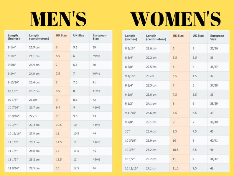 May include: A chart comparing shoe sizes in US, UK, and European sizes for men and women. The chart lists shoe length in inches and centimeters, along with the corresponding size in each system.