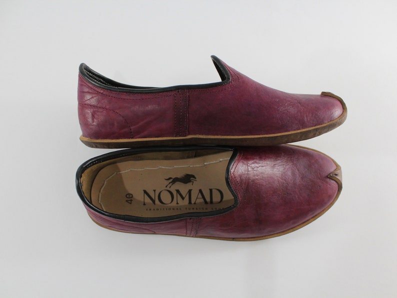 Unique Madder Burgundy Women Leather Shoes Men Slip Ons Handmade House SLippers Medieval Viking Boots Christmas Gifts for Her Him