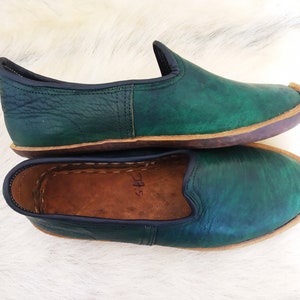 Hand Dyed Turkish Shoes Leather Slip Ons Handmade Loafer Slippers Flats Moccasins Men's Women's Yemeni Vintage Pregnant Gift image 3