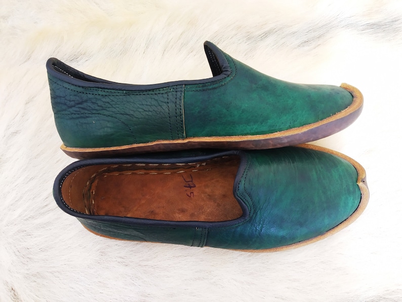 Hand Dyed Turkish Shoes Leather Slip Ons Handmade Loafer Slippers Flats Moccasins Men's Women's Yemeni Vintage Pregnant Gift image 3
