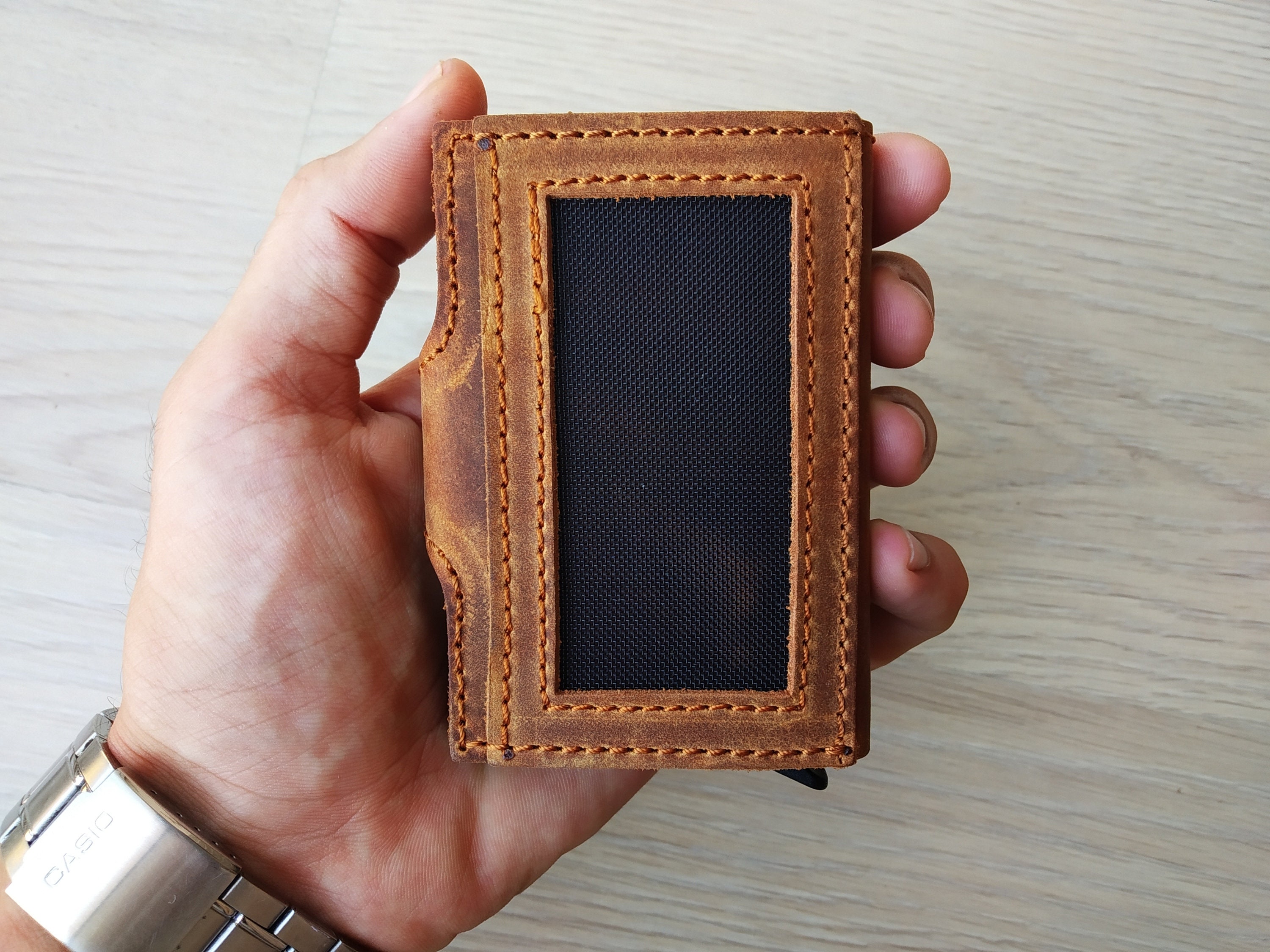 Brown Leather Pop Up Wallets Mens Mechanichal Slim Card Holder Etsy