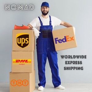 May include: A man in blue overalls stands in front of a stack of cardboard boxes. The boxes are labeled with the logos of UPS, DHL, FedEx, and TNT. The text "WORLDWIDE EXPRESS SHIPPING" is printed below the boxes.
