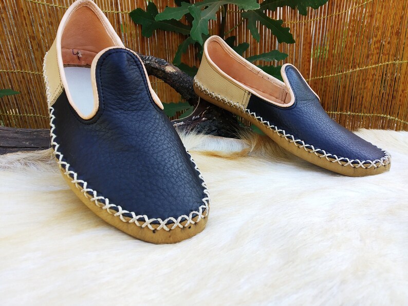 Blue Beige Slip Ons Turkish Shoes Leather Loafer Slippers Flats Moccasins Men's Women's Yemeni Vintage Gift Discount image 4