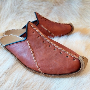 Natural Brick Pagan Slippers Turkish Babouches Leather Shoes Handmade Slip Ons Loafer Flat Moccasins Hand Dyed Leather Men&#39;s Yemeni Vintage