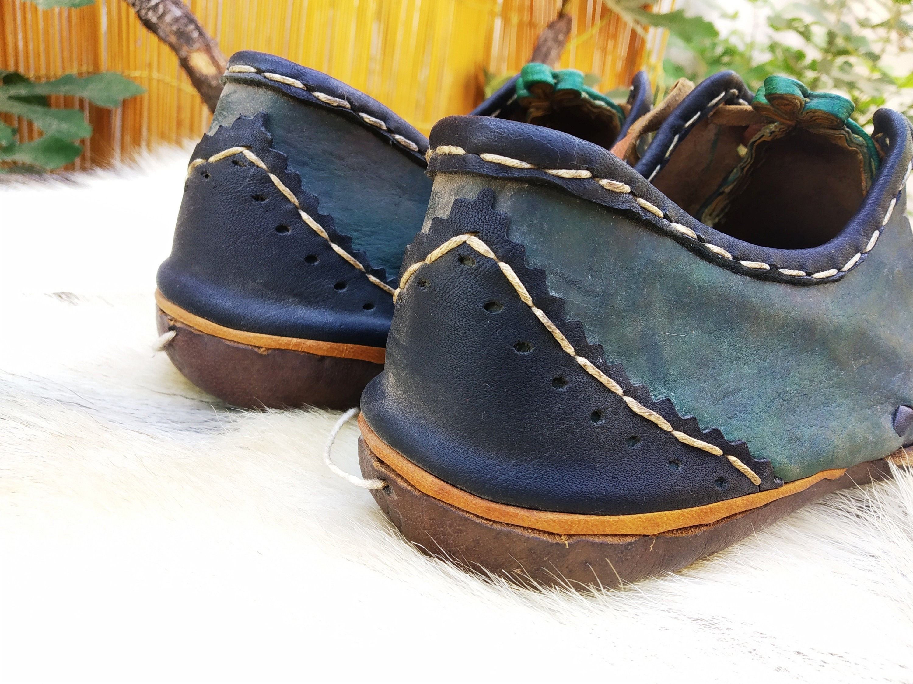 Medieval Ottoman Shoes Green Leather Turkish Sabah Slip Ons Etsy